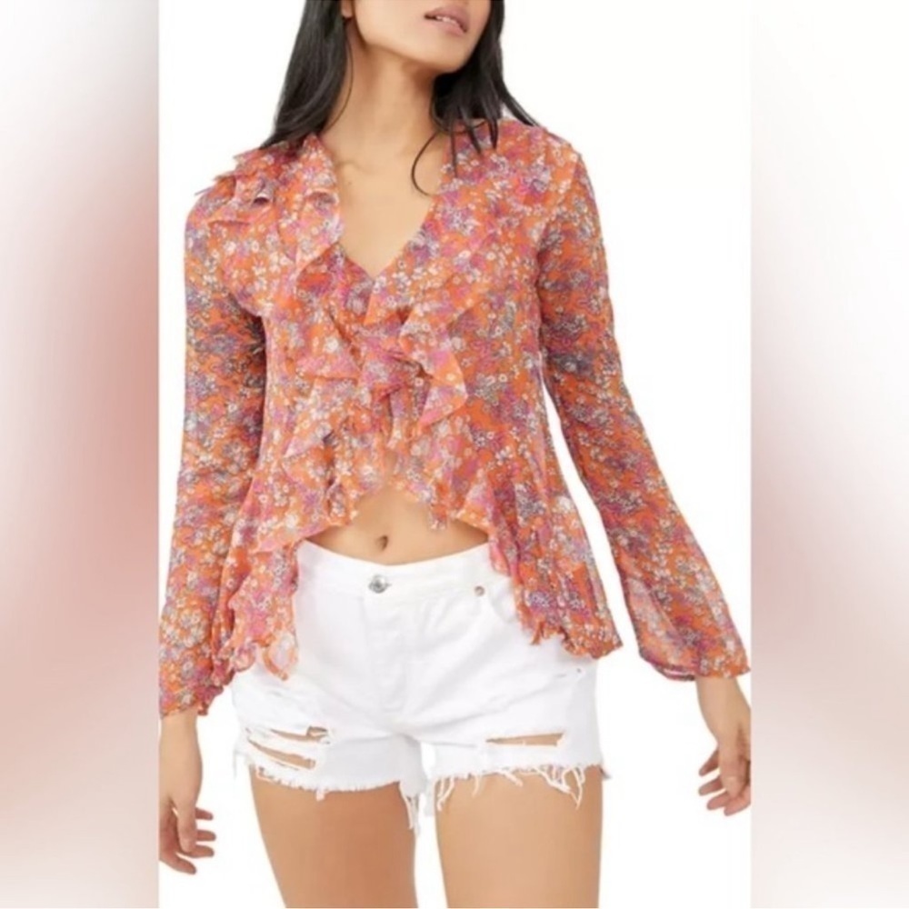 Free People Nina Floral Orange Ruffle Chiffon Long Sleeve Blouse